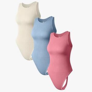 ALO Yoga Ribbed Tank Bodysuit Trio — Cream, Light Blue & Pink